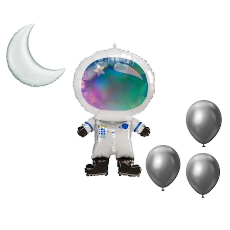Space, Alien, Rocket Theme Balloon Set, 30in. IRIDESCENT ASTRONAUT, Moon Foil And 3x Latex Balllons
